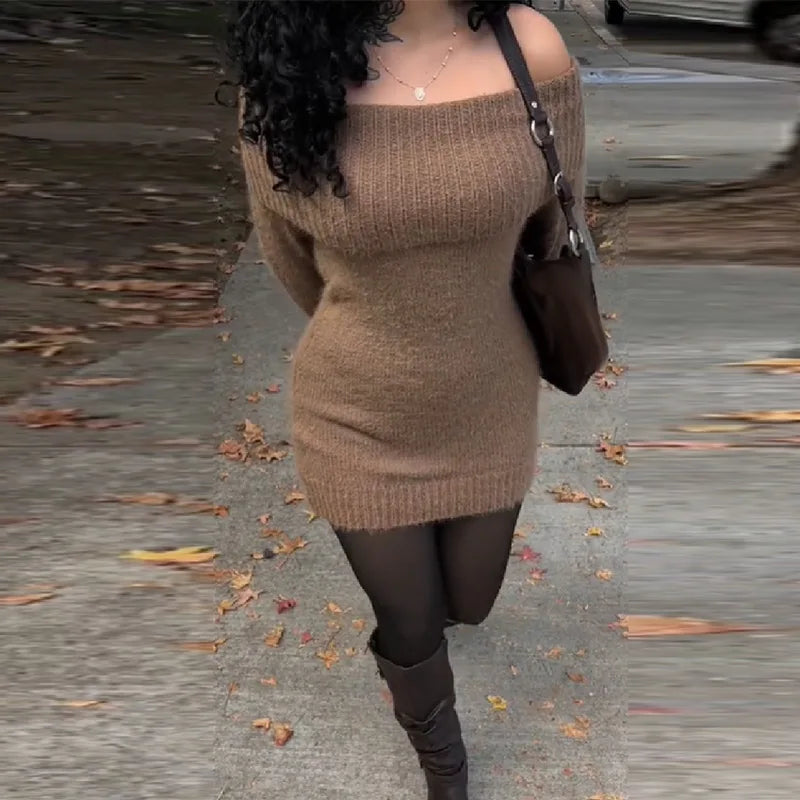 Women's Sexy Off-the-shoulder Bodycon Sweater Trendy Retro Stylish Outfit Office Ladies Party Elegant Temperament Autumn Clothes