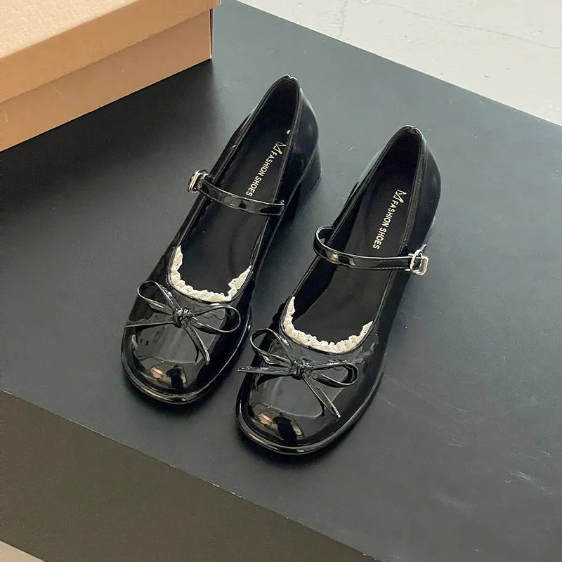 Spring Butterfly-knot Women Mary Jane Shoes Ladies Shallow Buckle Strap Shoes Eelgant Thick Heel Dress Leather Shoes