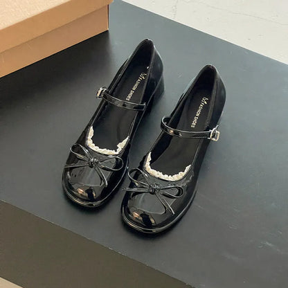 Spring Butterfly-knot Women Mary Jane Shoes Ladies Shallow Buckle Strap Shoes Eelgant Thick Heel Dress Leather Shoes