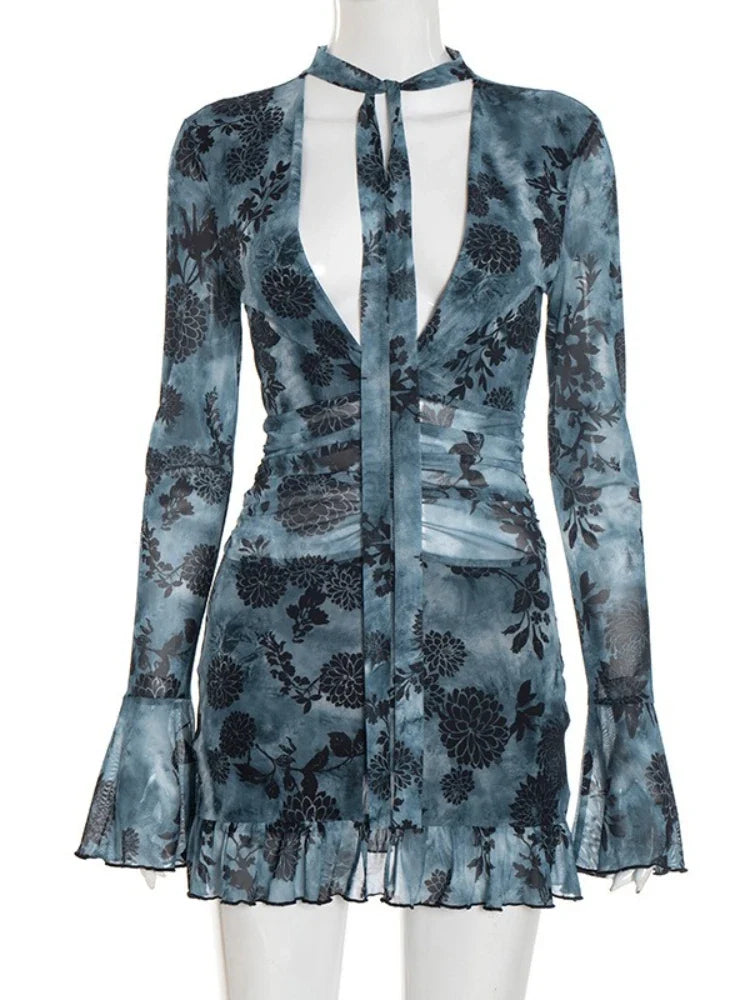 Women's New Printed Mesh Mini Dress Sexy Deep V Neck Long Sleeve Ruched High Waist Slim Fit Ruffle Hem Party Dress Outfits