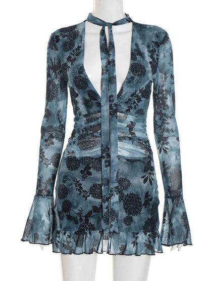 Women's New Printed Mesh Mini Dress Sexy Deep V Neck Long Sleeve Ruched High Waist Slim Fit Ruffle Hem Party Dress Outfits