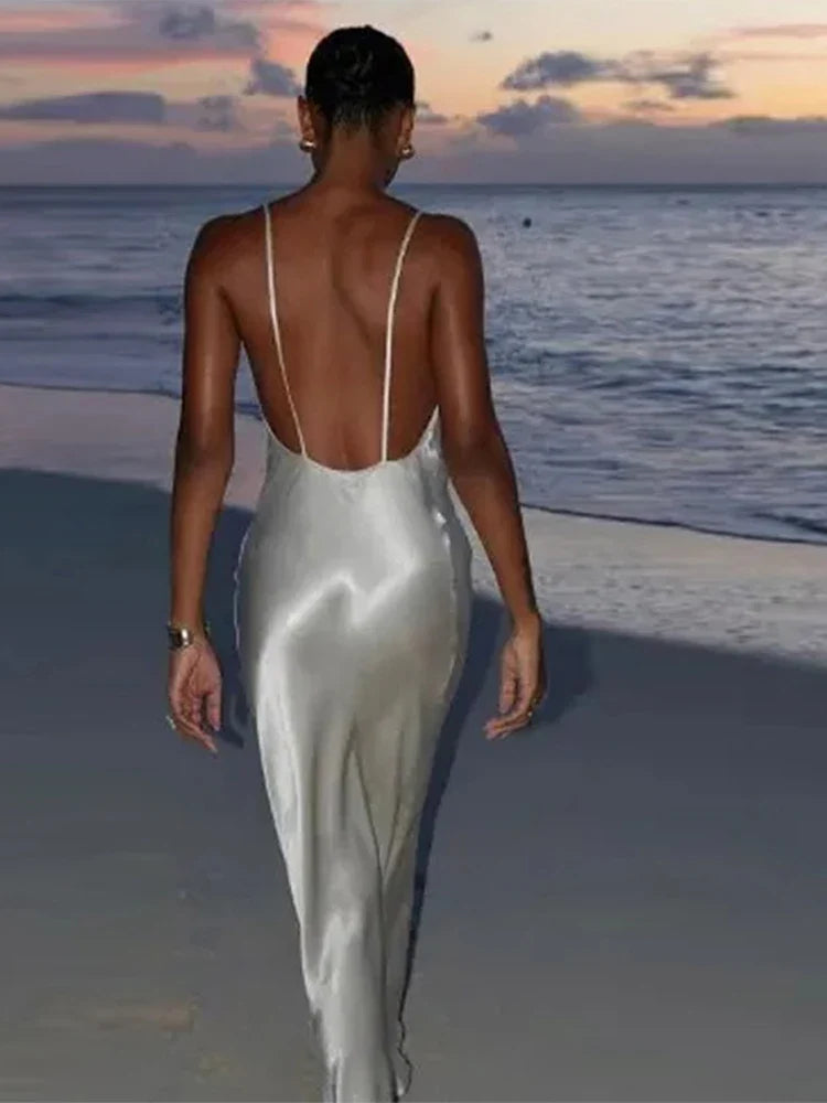 Backless Spaghetti Strap Satin Long Dress Women Elegant Off Shoulder Sleeveless Slim Maxi Dresses Woman Sexy Holiday Party Robes