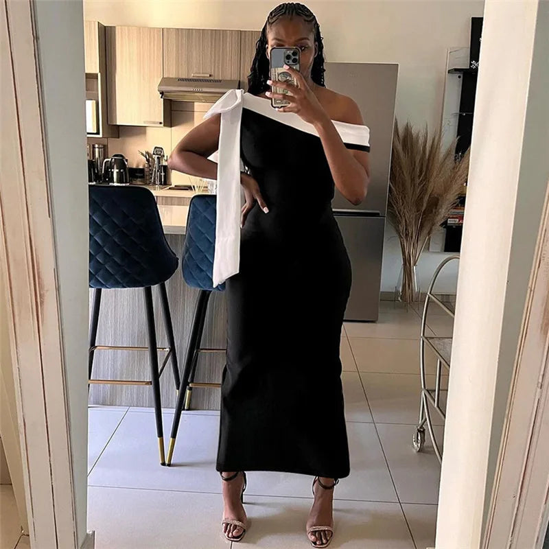 Off Shoulder Contrast Bow Shoulder Ribbon Bodycon Maxi Dress