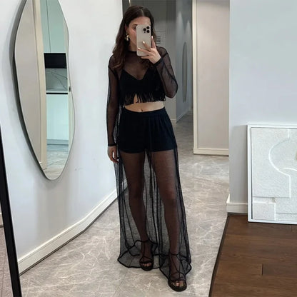 Mesh See Through Tassels Crop Top Pants Sets Women Long Sleeve O-neck Pullover Straight Trousers Suits 2025 Summer Holiday Set