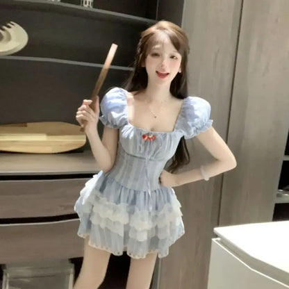 Sweet and Cute Puff Sleeve Slim Bodysuit for Women's Summer Lace Fluffy Cake Skirt Two-piece Set