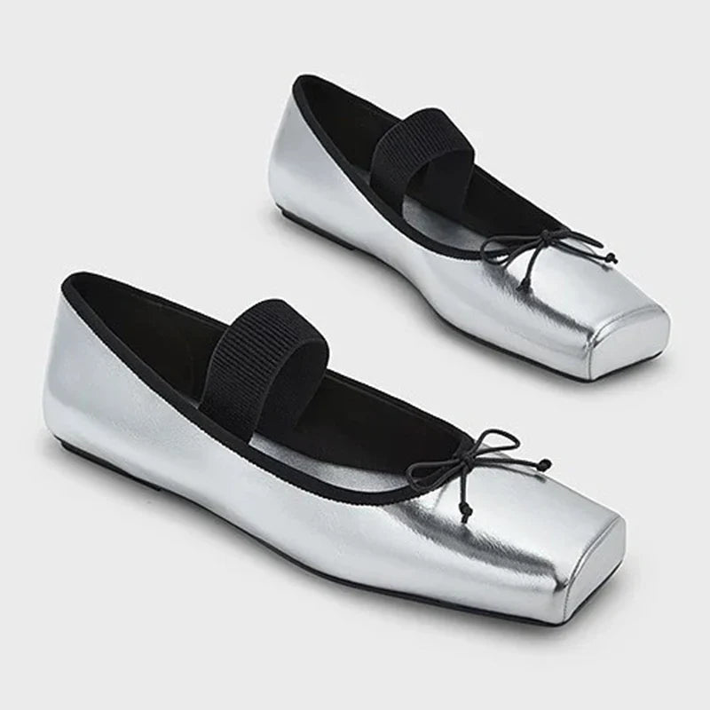 sweet pink silk flat shoes woman square toe bowtie ballet flats silver leather mary janes shoes elastic band moccasions women