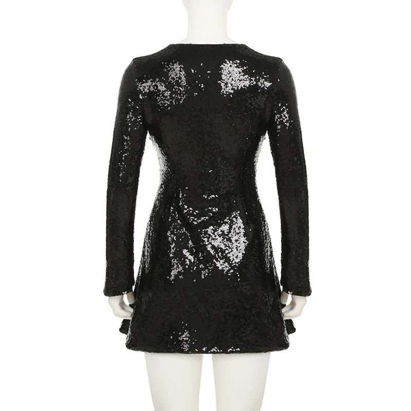 Elegant Black Sequins Dress Women's Bodycon Square Neck Autumn Party Dresses Chic Mature Outfits Bling Club Charming