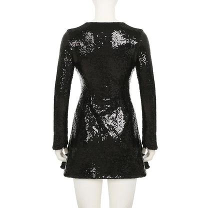 Elegant Black Sequins Dress Women's Bodycon Square Neck Autumn Party Dresses Chic Mature Outfits Bling Club Charming