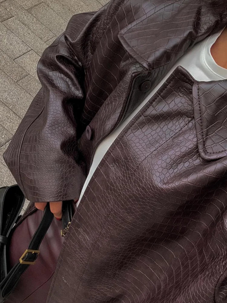 Elegant Burgundy Buttons Litchi Patterned Leather Overcoat Women Fashion Solid Flip Pockets Oversize Jacket Lady Streetwear