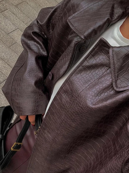 Elegant Burgundy Buttons Litchi Patterned Leather Overcoat Women Fashion Solid Flip Pockets Oversize Jacket Lady Streetwear