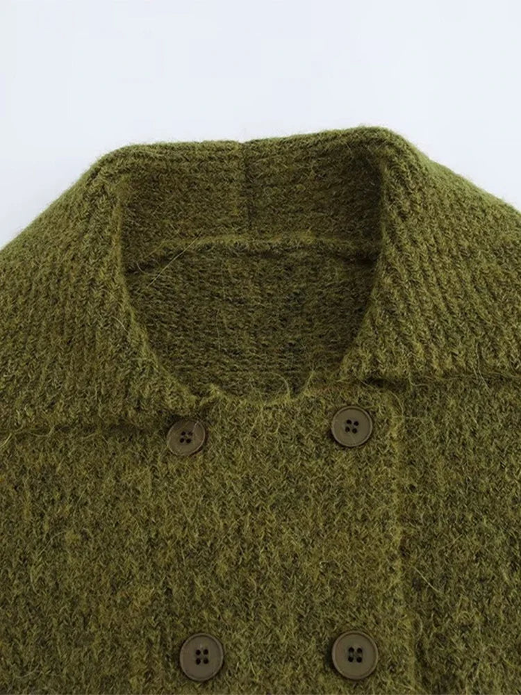 Knitted Solid Color Women's Cardigan Turndown Collar Double Breasted Casual Loose Sweater Fashion Retro Simple Short Sweaters