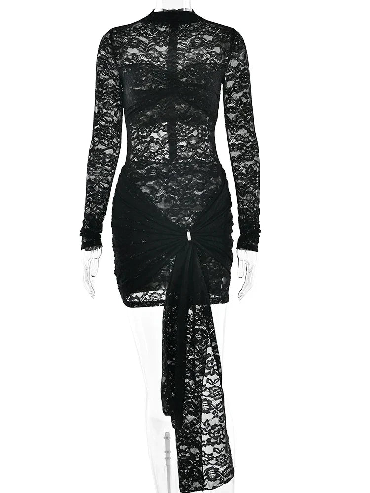 Mock Neck Lace Long Sleeve Center Gathered Brooch Tail Mini Dress