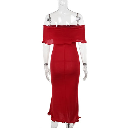 Off Shoulder Ruffle Bardot Mermaid Hem Bodycon Midi Dress