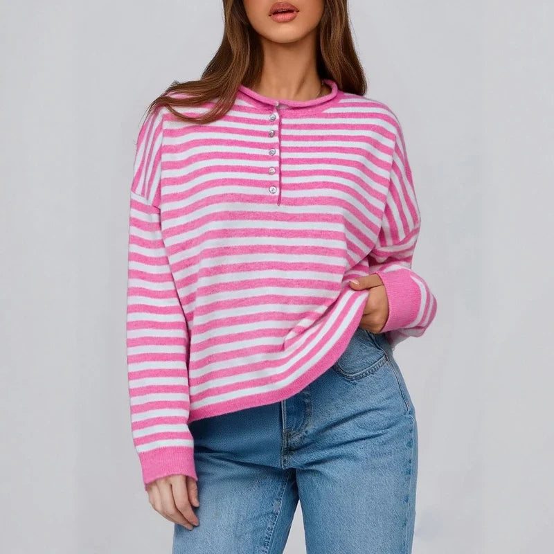Womens Knitted Sweater Tops Fall Long Sleeve Crew Neck Striped Button Loose Pullover Jumpers Preappy Casual Knitwear