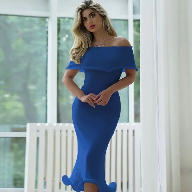 Off Shoulder Ruffle Bardot Mermaid Hem Bodycon Midi Dress