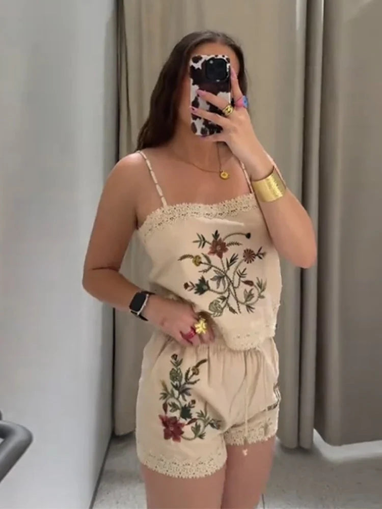 Bead Flower Embroidery Tank Top Shorts Suits 2 Pieces Women Backless Strap Sleeveless Vest Wide Leg Shorts Suits Patchwork Sexy