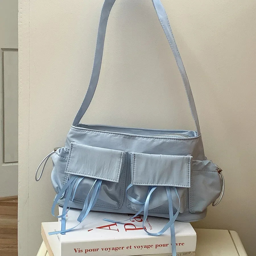 Sweet Girls Bowknot Nylon Shoulder Women Bag Korean Niche Design Bow Summer Travel Beach Bag Female Totes Bags for Women Handbag