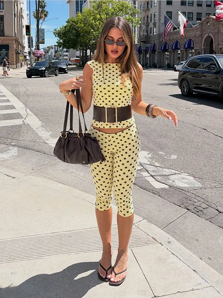 Polka Dot Open Back Sleeveless Top & Capri Pants Set High Waist Summer Fashion Retro Women Streetwear Casual Co-Ord Set