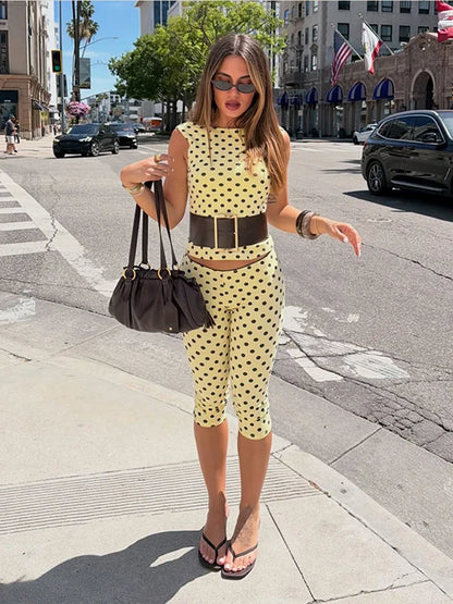 Polka Dot Open Back Sleeveless Top & Capri Pants Set High Waist Summer Fashion Retro Women Streetwear Casual Co-Ord Set