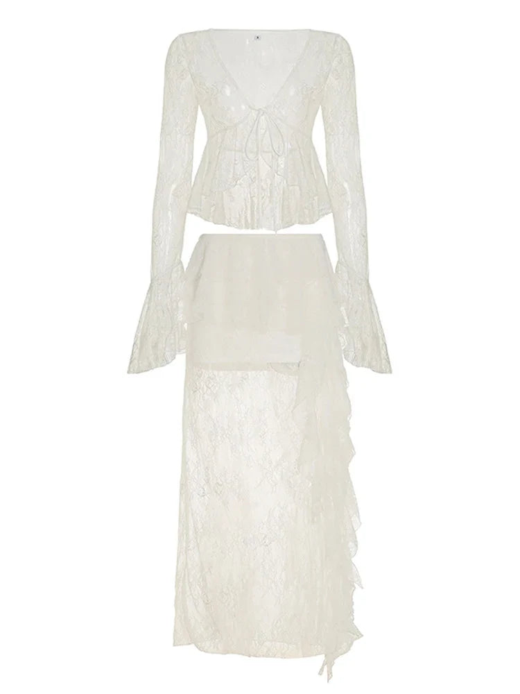 Sexy Ruffle Top Lace Skirt Set Women Loose Lace Up Flare Sleeve Tops See Through Long Skirts 2025 Summer Lady Party Solid Suits