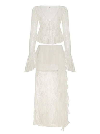 Sexy Ruffle Top Lace Skirt Set Women Loose Lace Up Flare Sleeve Tops See Through Long Skirts 2025 Summer Lady Party Solid Suits