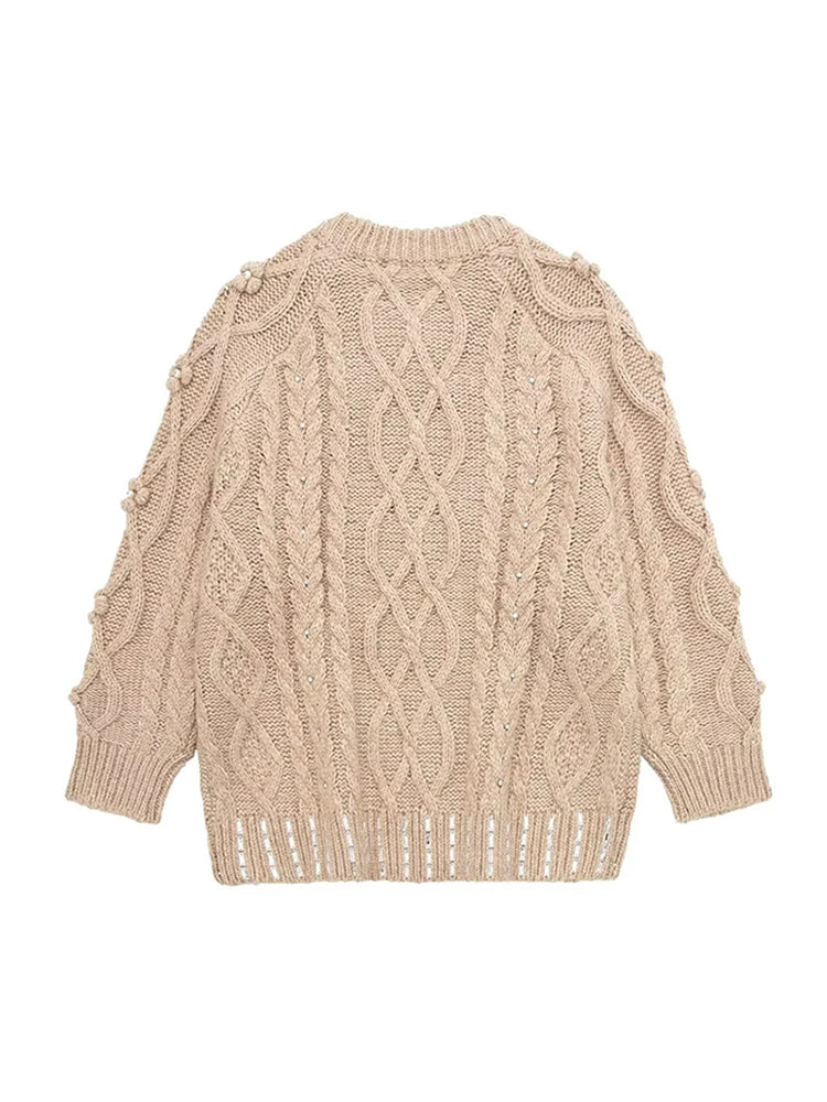 3D Flower Knit Pullover Women Loose Fashion Sequin Round Neck Long Sleeves Jumper Female Autumn Winter Warm Knitwears Lady