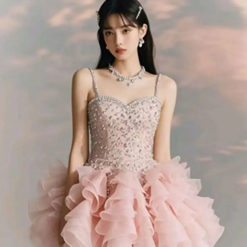New Sleeveless Birthday Princess Party Dress for Girls Sweet High Waist Slimming A-line Rufffle Puffy Strap Mini Dress for Women
