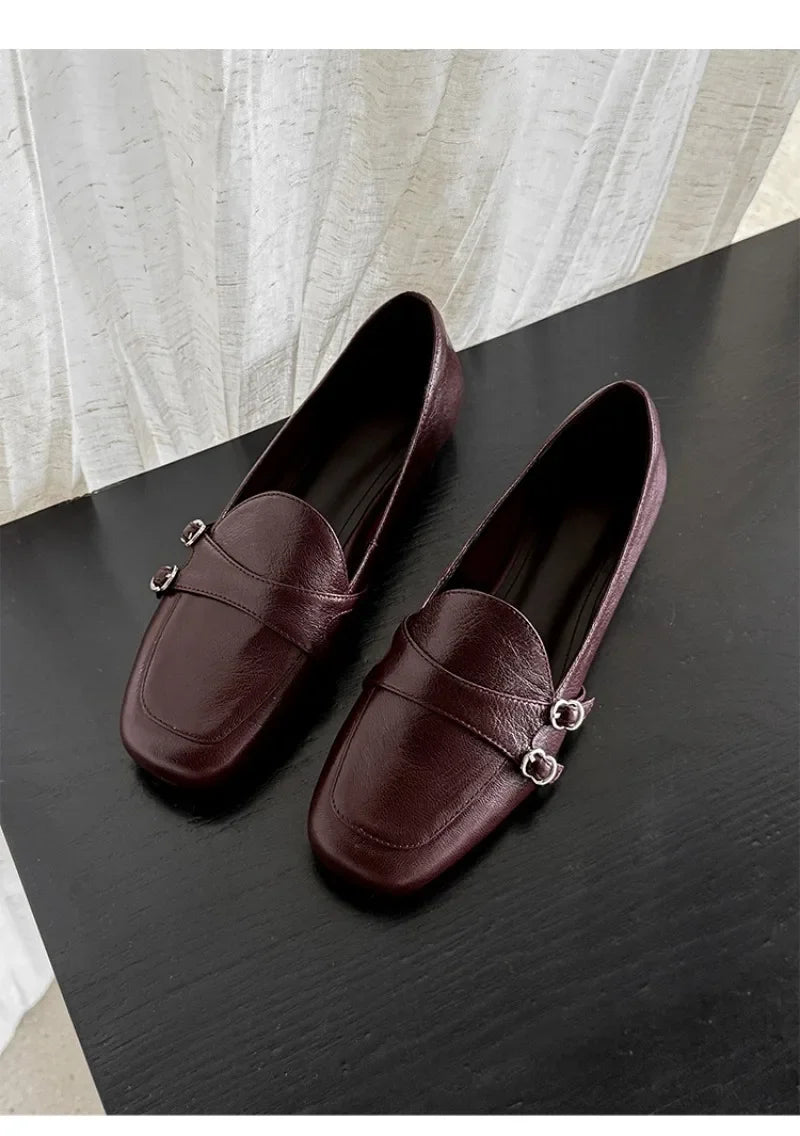 Elegant Burgundy Square Toe Loafers Women Fashion Metal Buckle Stitching Designer Shoes Comfortable Commuting Flat Office Shoes