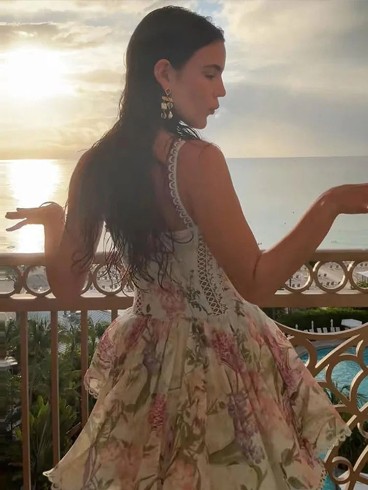 Sexy Hollow Out Printed Short Women's Dress Waist Cinched V-neck Sleeveless Backless Puffy Dresses Summer Lady Party Robes