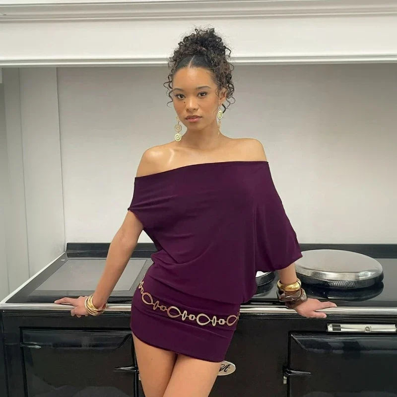 Fashion Mature Elegant Summer Off-the-shoulder Bat-shaped Sleeve Solid Color Loose Slimming Irregular Short Dress for Women