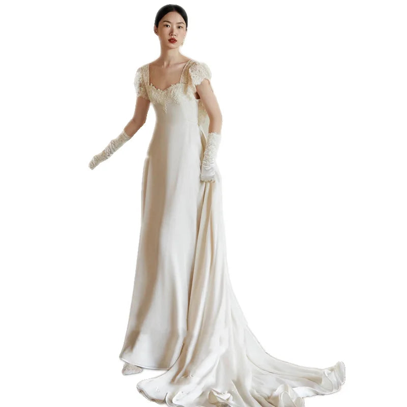 Light Boho Wedding Dress Sexy Backless Short Sleeve Simple Wedding Party Dress Satin Vestidos De Novias 2024