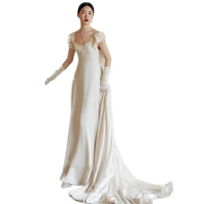 Light Boho Wedding Dress Sexy Backless Short Sleeve Simple Wedding Party Dress Satin Vestidos De Novias 2024