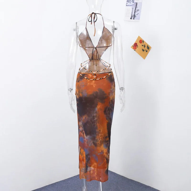 Sexy Beaded Print Long Dress Women Hollow Out Halter Backless Sleeveless Lace Up Holiday Dresses 2025 Summer Lady Chic Slim Robe