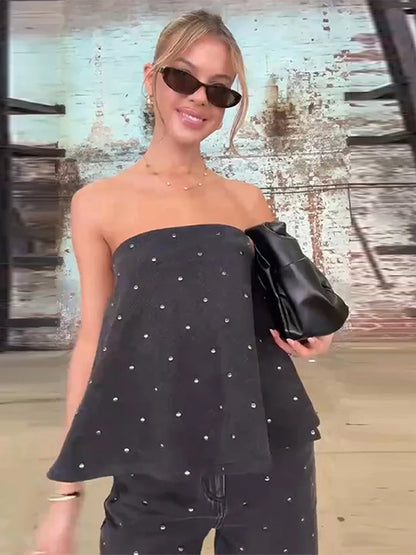Nail Polka Dot Strapless Top Pants Women Set Off Shoulder Baggy Slimming Commute Blouse Vest Straight Leg Trousers Formal Attire