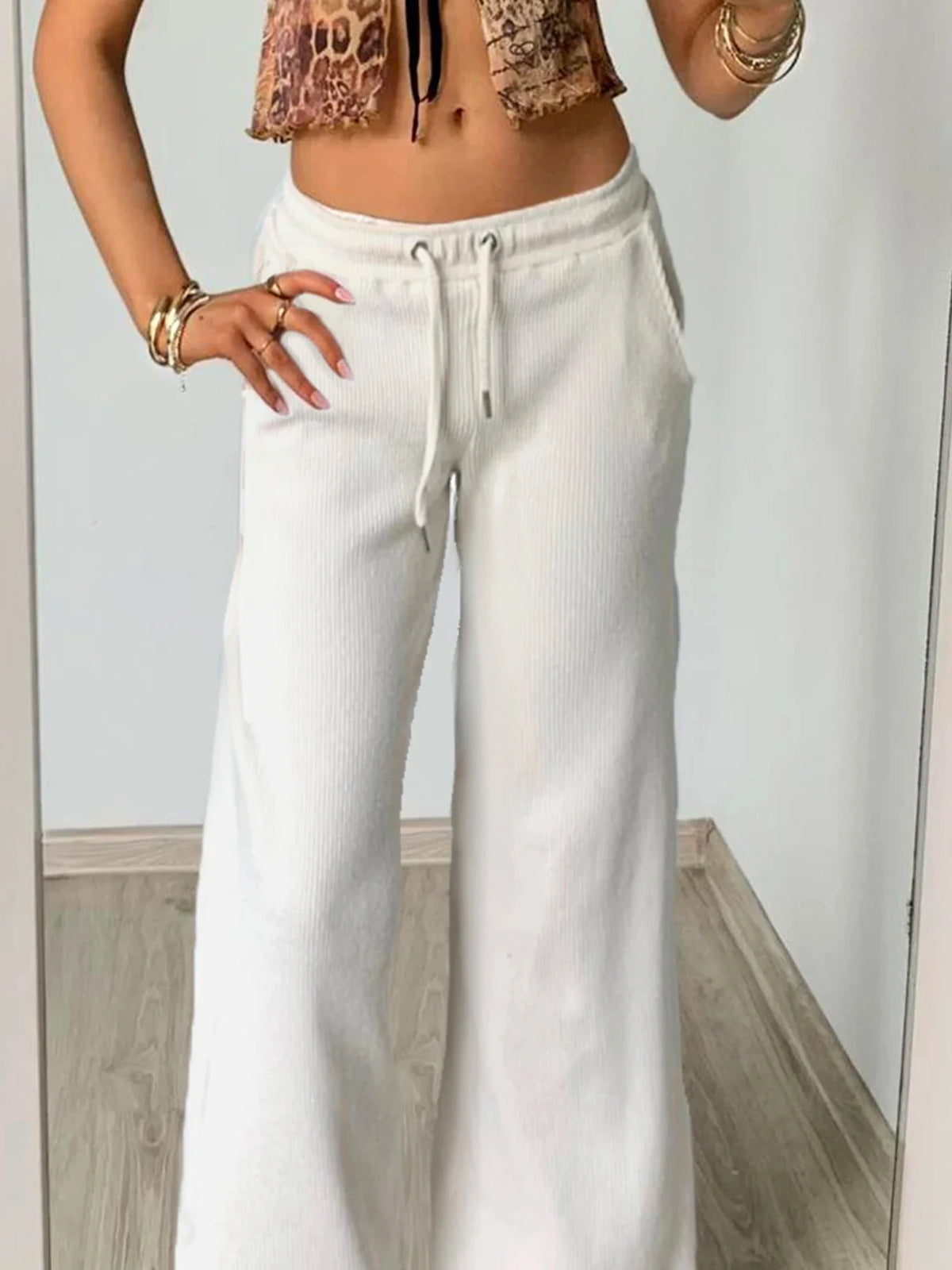 Casual Solid Bandage Wide Leg Pants Basic Mid-Waisted Straight Pants Women Autumn Spring Fashion Streetwear Ladies