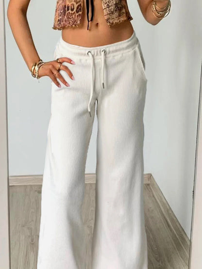 Casual Solid Bandage Wide Leg Pants Basic Mid-Waisted Straight Pants Women Autumn Spring Fashion Streetwear Ladies