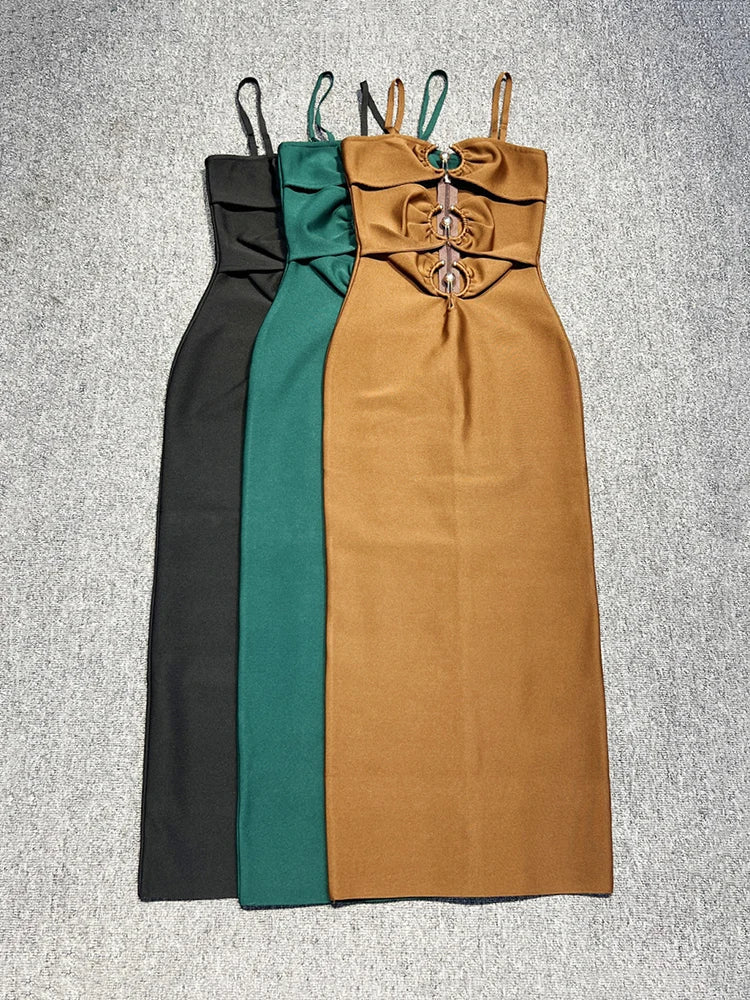 Sweetheart Spaghetti Strap Midriff Cutout Metal Ring Bodycon Maxi Dress