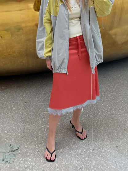 Fashion Satin Lace Patchwork Drawstring Short Skirt Feminine Elegant Slim Fit Midi Skirt Female Summer Streetwear