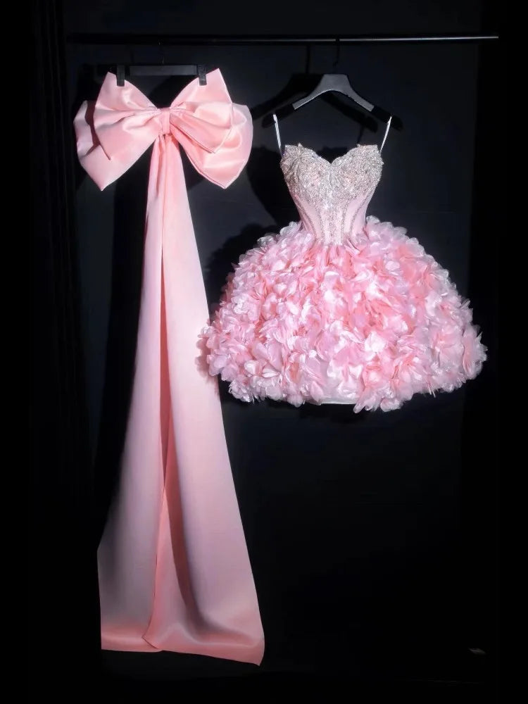 Pink Off-Shoulder Big Bow Short Ball Gown for Women Girl Elegant 3D Flowers Prom Evening Dress Sexy Mini Party Birthday Dresses