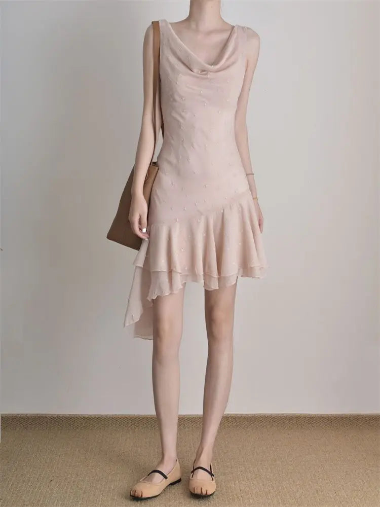 Spring Design High-end Sleeveless Swing Neck Dress Waist Thin Ruffle Edge Irregular Skirt Women's Clothing
