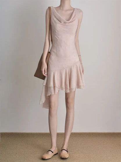 Spring Design High-end Sleeveless Swing Neck Dress Waist Thin Ruffle Edge Irregular Skirt Women's Clothing