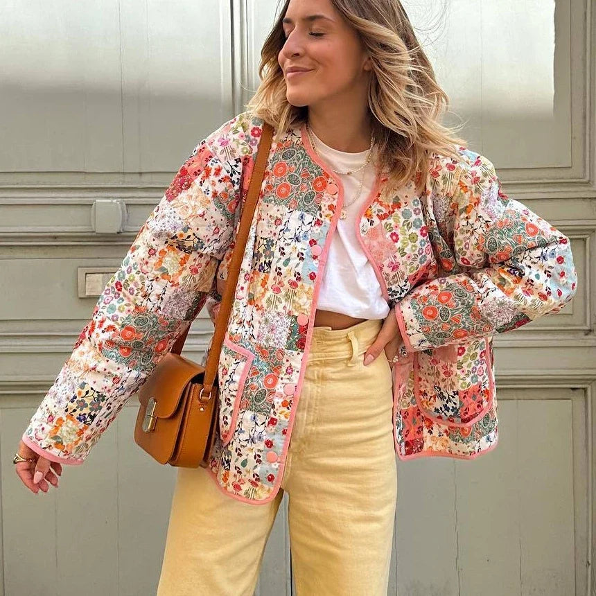 Ethnic Floral Print Parkas Coats for Women Casual O-neck Long Sleeve Winter Warm Quilted Coat 2 Piece Parkas Outwears