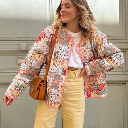 Ethnic Floral Print Parkas Coats for Women Casual O-neck Long Sleeve Winter Warm Quilted Coat 2 Piece Parkas Outwears