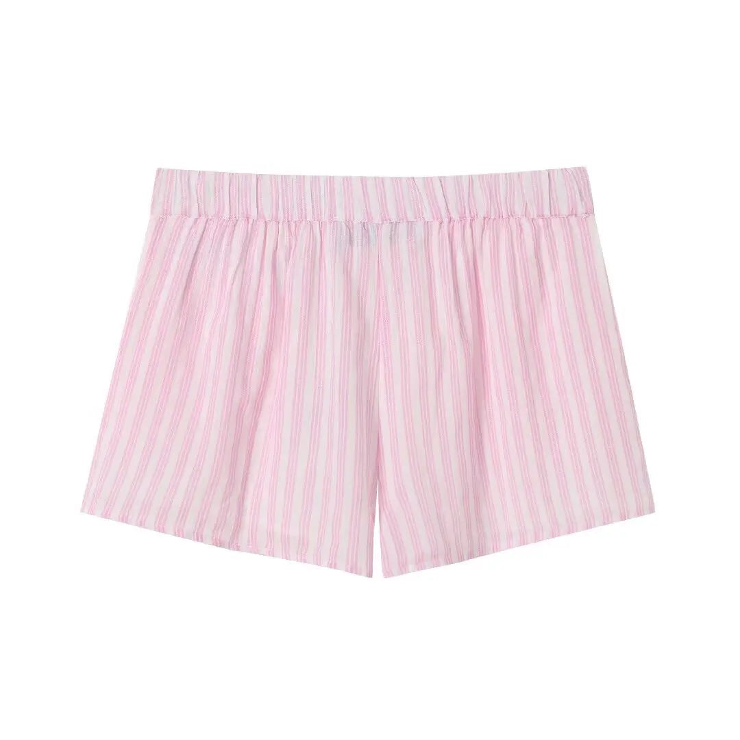 Summer Pink Striped Suits For Women 2024 New Single Breasted Long Sleeve Simple Shirt+Shorts Sets Casual Fashion Two-piece Set