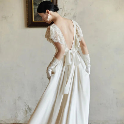 Light Boho Wedding Dress Sexy Backless Short Sleeve Simple Wedding Party Dress Satin Vestidos De Novias 2024