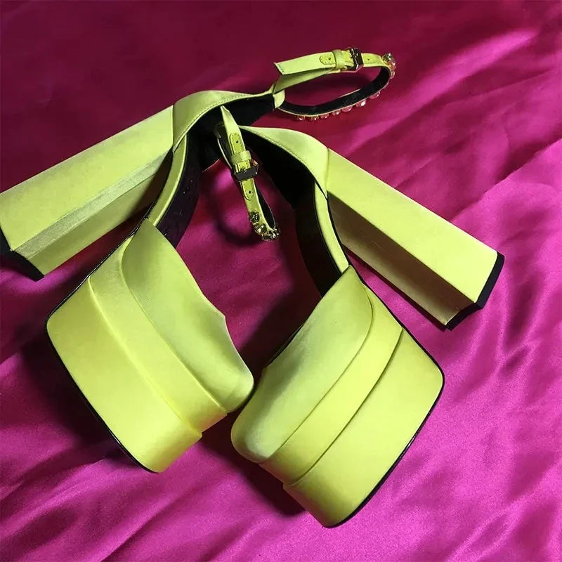High Quality Satin Women Super High Heels Square Toe Platform Ankle Strap Party Wedding Shoes Mary Jane Chunky Heel Shoes