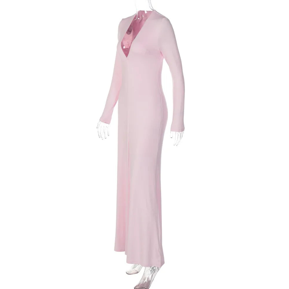 Women's Long Sleeve Deep V-Neck Bodycon Dress Solid Color Slim High Waist Fall Winter Elegant Maxi Dress for Party Club