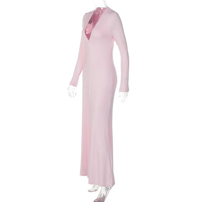 Women's Long Sleeve Deep V-Neck Bodycon Dress Solid Color Slim High Waist Fall Winter Elegant Maxi Dress for Party Club