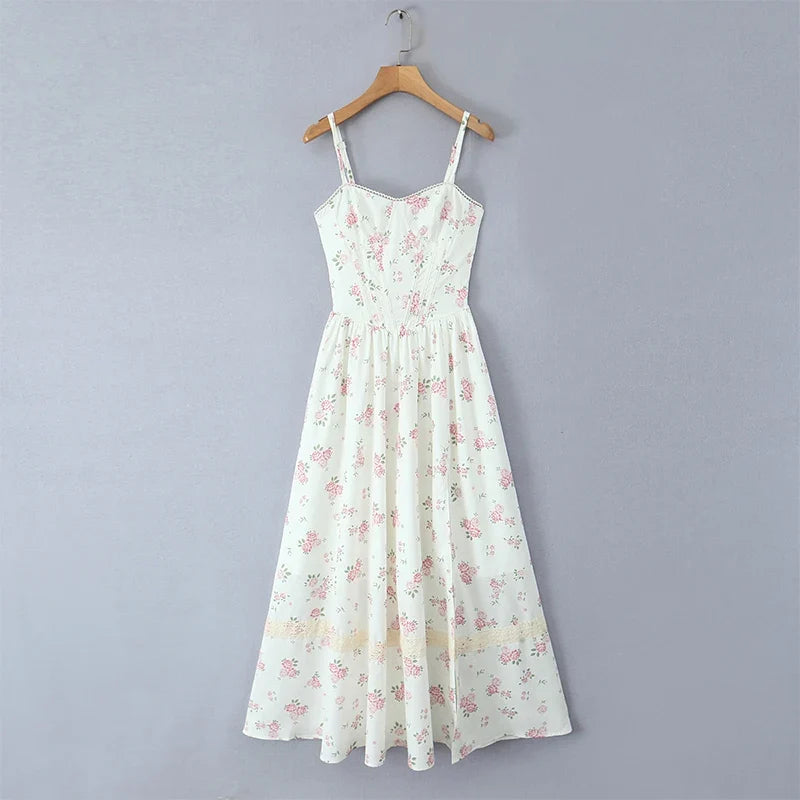 New 2025 Women Floral Print Elegant Sling Long Dress Sexy Thin Straps Hem Slit A-line Summer Holiday Dresses