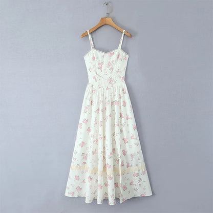 New 2025 Women Floral Print Elegant Sling Long Dress Sexy Thin Straps Hem Slit A-line Summer Holiday Dresses